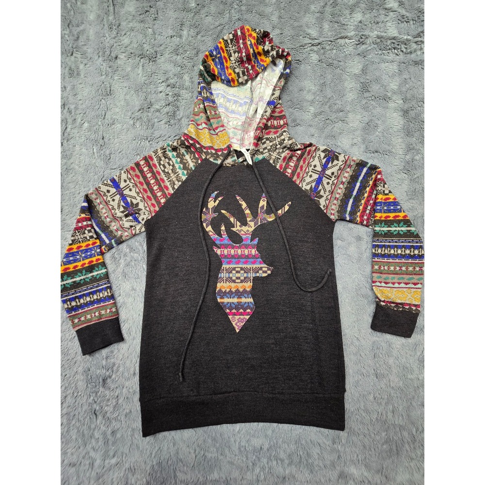 Now N Forever Womens Fair Isle Deer Graphic Hoodie Gray Multi Raglan Pullover